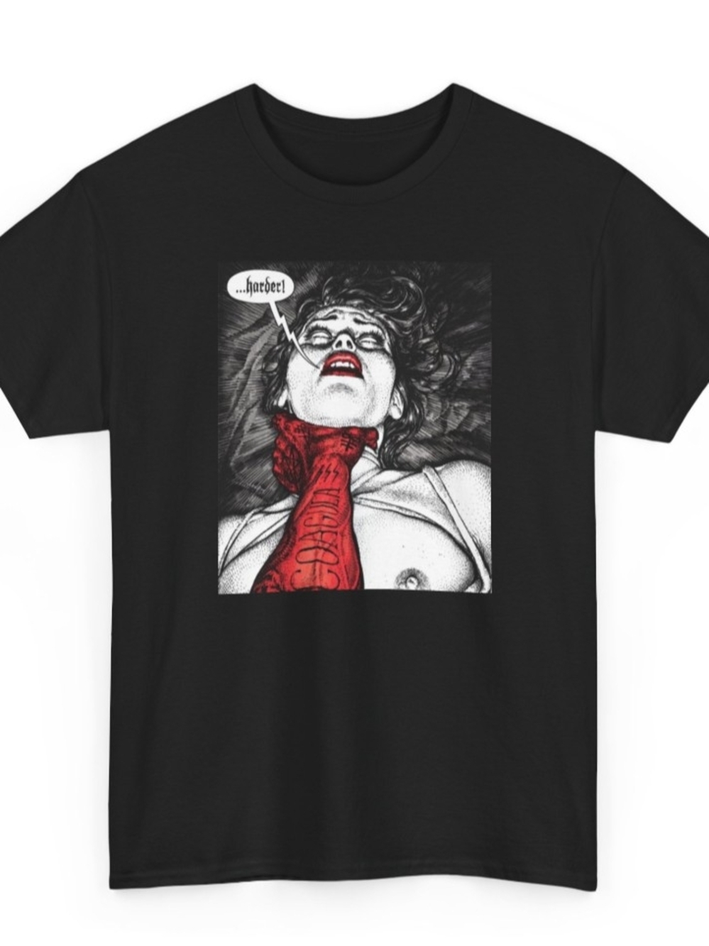 Graphic Black Tee with Red Accent Comic Art